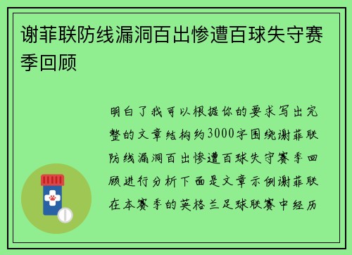 谢菲联防线漏洞百出惨遭百球失守赛季回顾