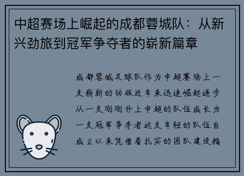 中超赛场上崛起的成都蓉城队：从新兴劲旅到冠军争夺者的崭新篇章
