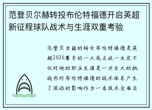 范登贝尔赫转投布伦特福德开启英超新征程球队战术与生涯双重考验